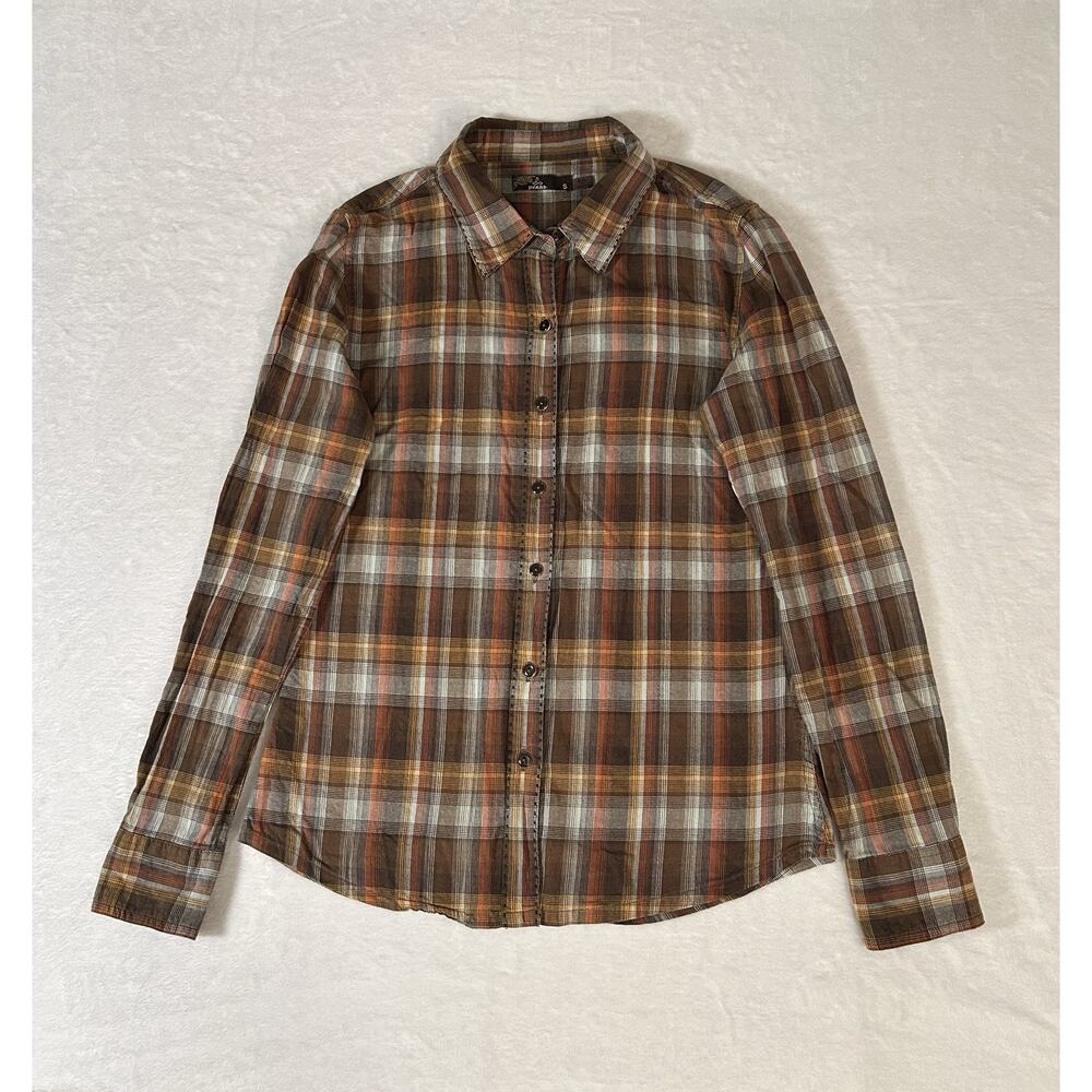 PrAna Brown Plaid Long Sleeve Button Up Size Small Nature Earthy Van Life Hippie